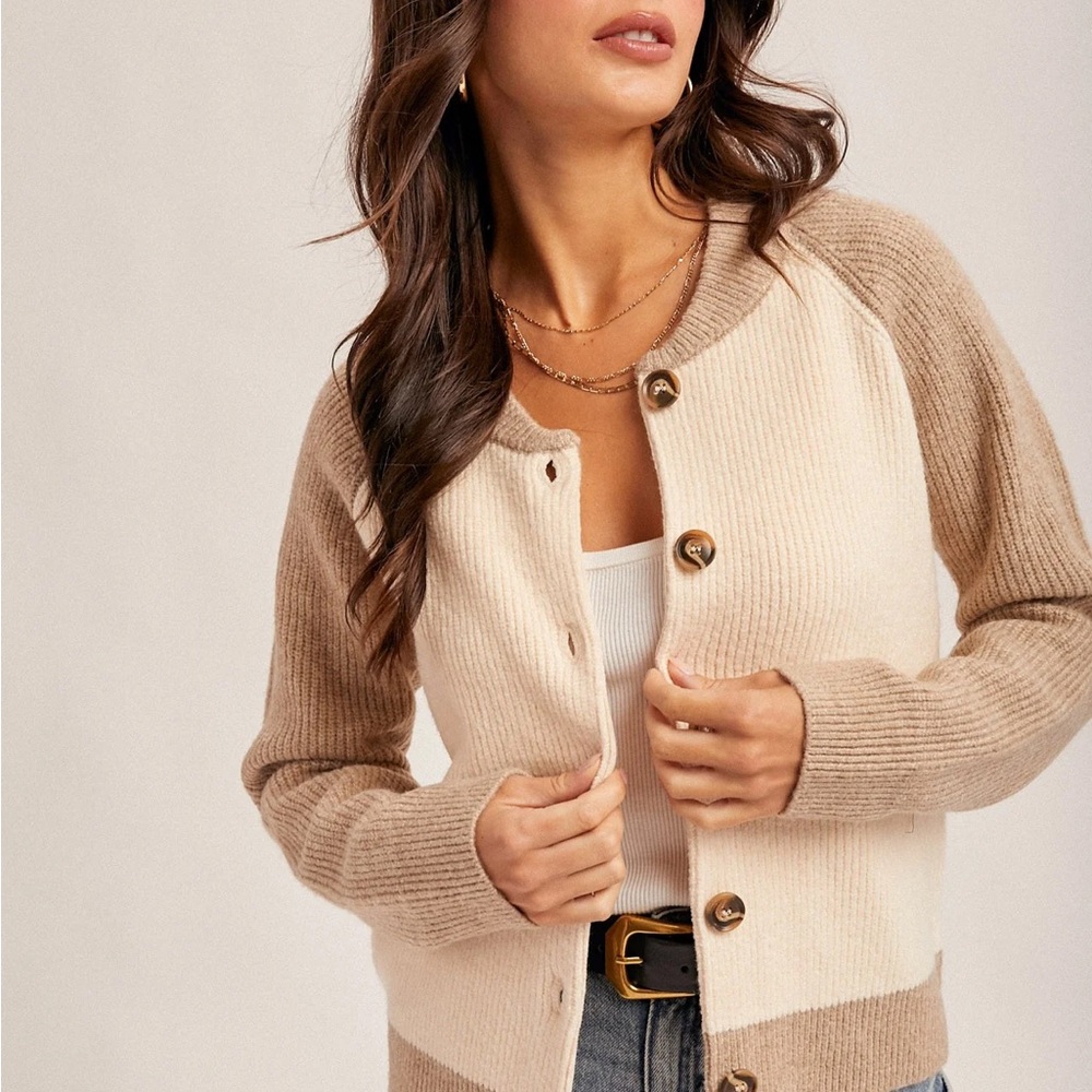 Hem & Thread Color Block Cardigan Size S Neutral Varsity Knit